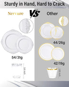 Nervure 350PCS Silver Plastic Dinnerware - White and Silver Disposable Plates for 50 Guests - 100 Disposable Plates, 150 Plastic Silverware, 50 Cups, 50 Napkins for Wedding & Party