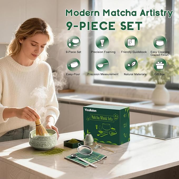 Matcha Whisk Set, 9 Pcs Matcha Set Kit for Ceremony Includes Ceramic Matcha Bowl, Holder, Bamboo Whisk & Scoop, Measuring Spoon, Scoop Rest, Sifter, Tea Towel, Handbook - Ideal Gift for All Ages