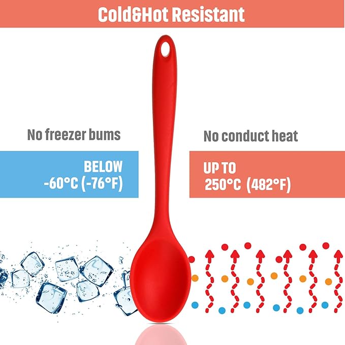 Boao 4 Pcs Silicone Spoons for Cooking 10.6 Inch Large Nonstick Serving Spoons Heat Resistant Slotted Spoon for Mixing & Stirring Kitchen Cooking Utensils, Dishwasher Safe(Red, Black)