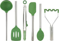 Tovolo Silicone Cooking Utensil Set of 6 Stainless Steel Handle Ladle Slotted Turner Tongs Flex Core Spatula Scraper Mixing Spoon & Potato Masher, Dishwasher Safe BPA Free Utensils, Pesto Green
