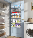 Over The Door Pantry Organizer, Wall Mount Spice Rack, Pantry Hanging Storage and Organization, 6 Adjustable Baskets Heavy-Duty Metal for Home & Kitchen, Back of Door Seasoning Rack - White