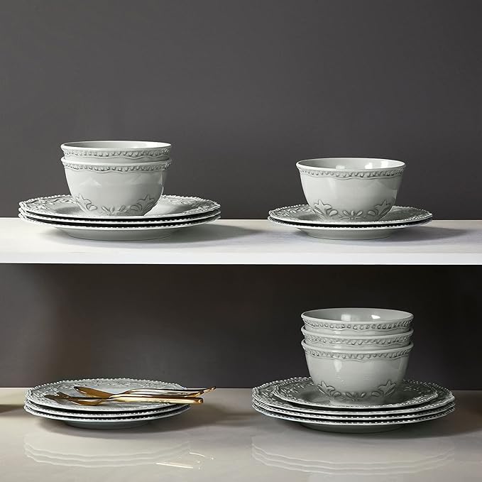 TP 18-Piece Dinnerware Set, Melamine Dishes Set with Bowls and Plates, Service for 6, Non-breakable Lightweight Dining Tableware, Grey