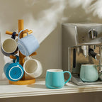 Sweese Porcelain Coffee Mugs Set of 6, 12 Ounce Coffee Cups with Handle for Coffee, Tea, Cocoa, Blue Assorted Colors Coffee Mugs with Modern Design for Great Gift Option, Microwave Safe