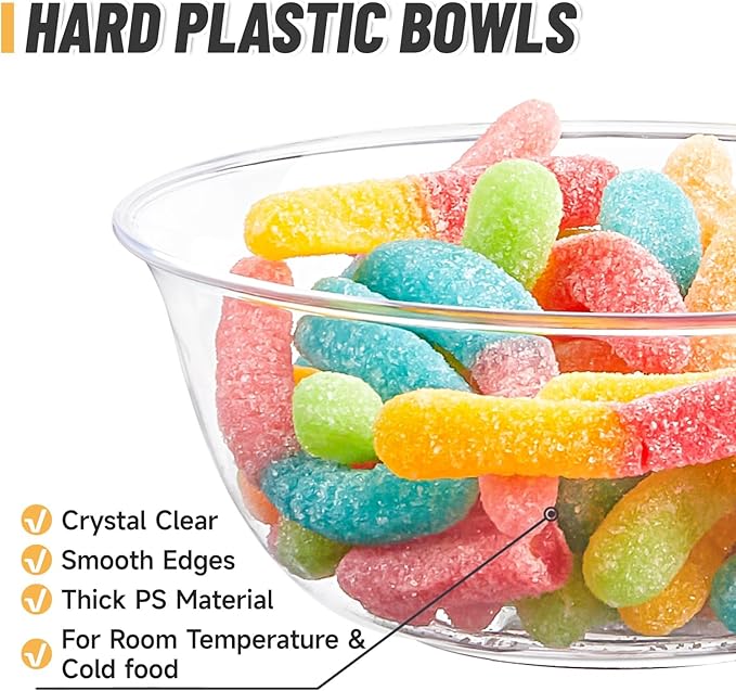 Qeirudu 10 oz Small Clear Plastic Bowls, 100 Pack Disposable Hard Plastic Party Serving Bowls for Salads, Ice Creams, Fruit, Desserts, Parfaits, Snacks