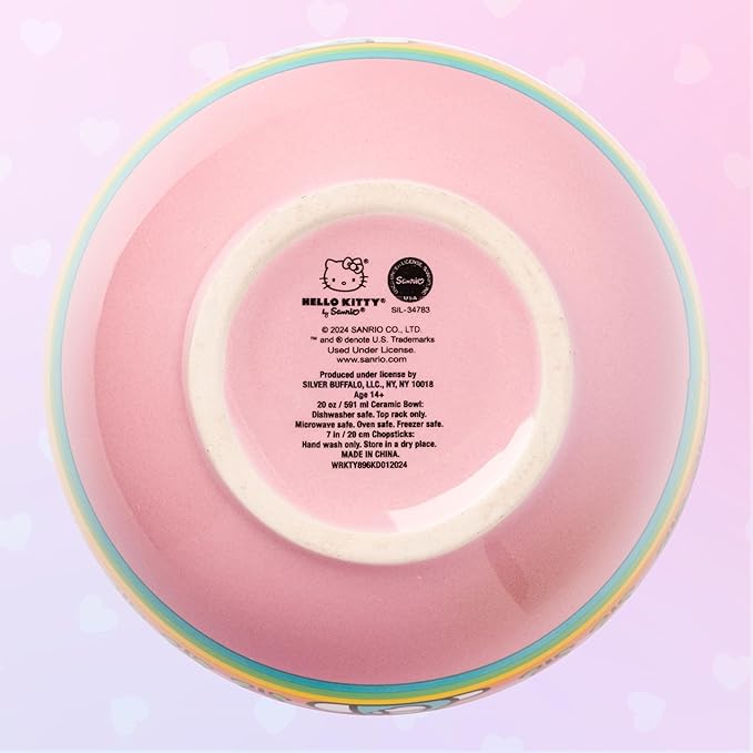 Silver Buffalo Hello Kitty Spring and Summer Flowers Rainbow Stripes Ceramic Ramen Noodle Rice Bowl with Chopsticks, Microwave Safe, 20 Ounces