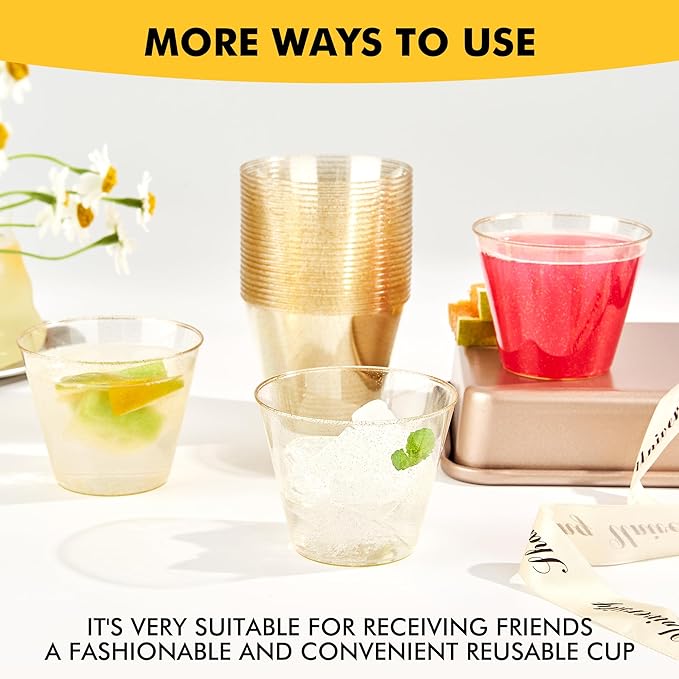 RACETOP 200 Pack 9 oz Gold Plastic Cups Tumbler, Disposable Cups with Gold Glitter for Party, Heavy-duty Clear Plastic Wine Glasses, Disposable Wedding Cups