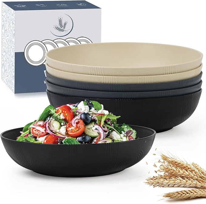Wrova 10inch Wheat Straw Big Bowls Set of 6 - Large Salad Bowls 65oz - Unbreakable Serving Bowls Microwave & Dishwasher Safe for restaurant - Big Plastic Bowls for Cereal,Salad - Classic Series