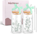 2 Pcs Gift for Women Sage Green Spring Floral Glasses Cups, 16 oz Cute Aesthetic Glass Cups with Lid and Straws Mothers Day Iced Coffee Cup, Idea Gift for Girls New Mom Day Birthday Baby Shower Party
