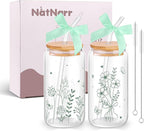 2 Pcs Gift for Women Sage Green Spring Floral Glasses Cups, 16 oz Cute Aesthetic Glass Cups with Lid and Straws Mothers Day Iced Coffee Cup, Idea Gift for Girls New Mom Day Birthday Baby Shower Party