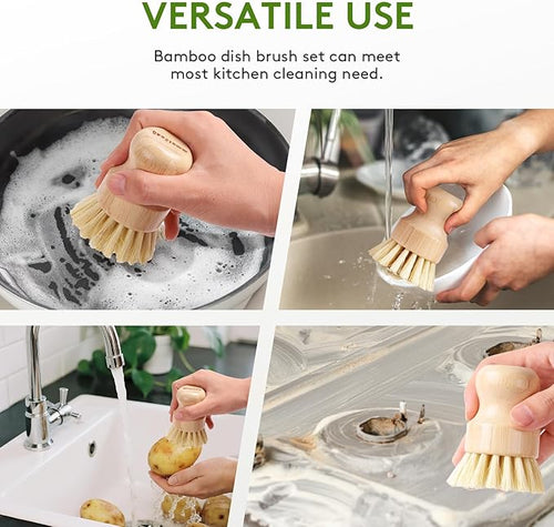 4 Pack Bamboo Dish Brush, Dish Scrubber Brush with Sisal Bristle, Natural Scrub Brush for Kitchen Cleaning Dishes, Pots, Pans, Bottles, Vegetables