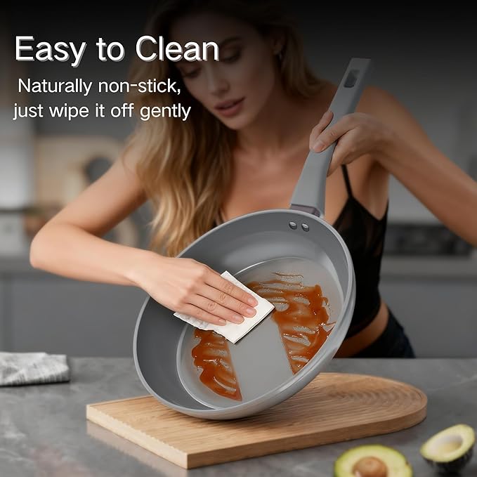 Sanho Diamond-Titanium Ceramic Nonstick Fry Pan Set, 20cm & 26cm Frying Pans, PFAS PFOA PTFE Free, Dishwasher Safe & Induction Compatible Cookware with Cool-Touch Handle, Gray