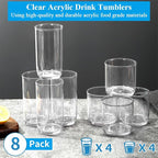 Berglander Drinking Glasses Set of 8, PET Clear Plastic Highball Glasses 14oz & Whiskey Cocktail Glasses Set 11.5oz, Heavy Duty Unbreakable Water Glasses Cup Tumbler Glassware for Beer, Juice, Milk