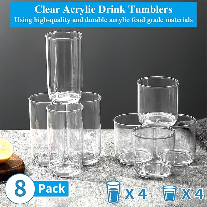 Berglander Drinking Glasses Set of 8, PET Clear Plastic Highball Glasses 14oz & Whiskey Cocktail Glasses Set 11.5oz, Heavy Duty Unbreakable Water Glasses Cup Tumbler Glassware for Beer, Juice, Milk
