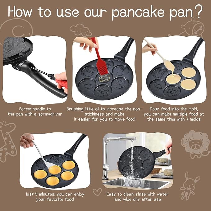 Pancake Maker Egg Frying Pan Suitable for All Stovetops & Induction Cooker, 10.5 Inch Animal Pancake Pan, 7 Molds Pancake Maker with PFOA Free Coating
