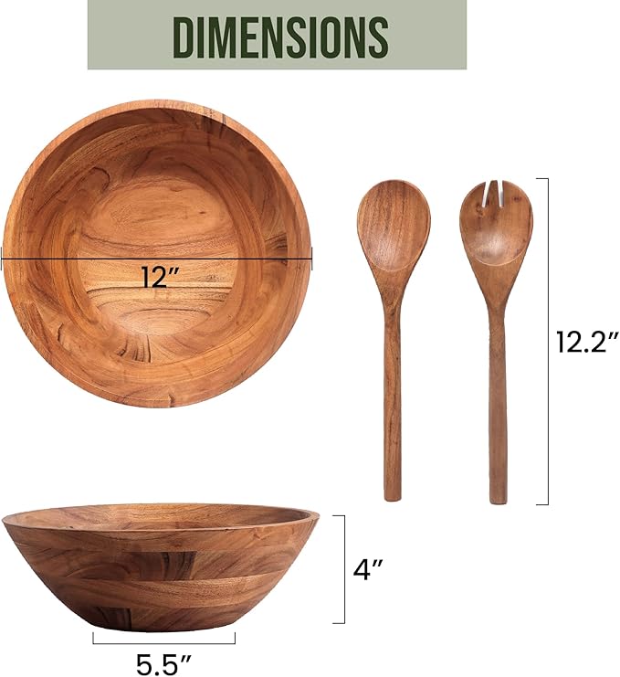 Luxe Designs Wooden Salad Bowl Set - Food Safe & Sustainable Decorative Bowl - Wood Bowl for Fruits, & Salads - Easy to Clean Large Salad Bowls Set w/Spoon, Fork – Wooden Bowls for Food