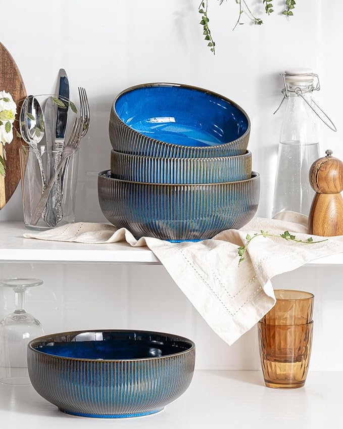 getstar Large Serving Bowls (9.5 inch & 92 fl oz), Ceramic Salad Bowl Set of 2, Microwave and Dishwasher Safe (Embossed Stripes, Vintage Blue)