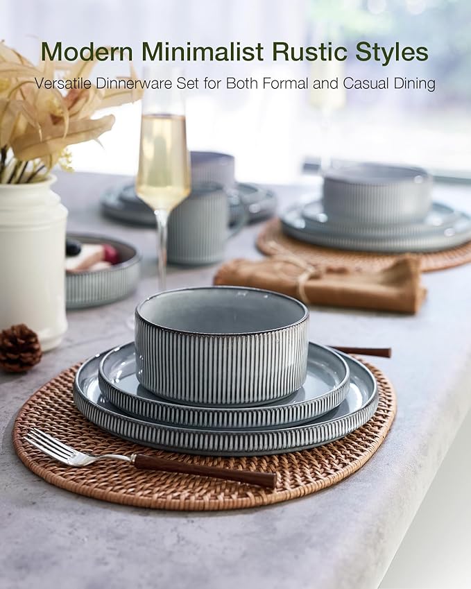 Famiware Star 24-Piece Stoneware Dinnerware Sets, Service for 6 - Reactive Glaze Mugs, Plates and Bowls, Dishes for Everyday & Formal Use, Chip/Scratch Resistant, Microwave/Dishwasher Safe, Smoky Blue