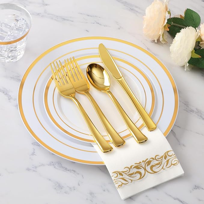 Goodluck 350 Pieces Gold Dinnerware Set for 50 Guests, Plastic Plates Disposable for Party, Include: 50 Gold Rim Dinner Plates, 50 Dessert Plates, 50 Paper Napkins, 50 Cups, 50 Gold Silverware Set