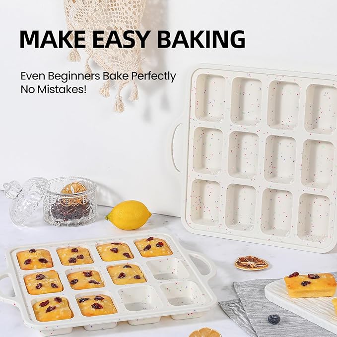 FUNBAKY Silicone Mini Loaf Pans with Metal Reinforced Frame,12-Cavity Nonstick Mini bread loaf pans for Baking Cornbread,Bread,Brownie,Cheesecake -1Pc