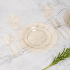 Goodluck 175 Piece Gold Glitter Plastic Dinnerware Set for 25 Guests, Fancy Disposable Plates for Party, Include: 25 Dinner Plates, 25 Dessert Plates, 25 Pre Rolled Napkins with Silverware, 25 Cups