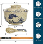 2 Pieces Ceramic Ramen Bowls, 25 Oz Large Soup Bowl with Lid, Spoon, Chopstick, Hand-painted Japanese Tableware for Noodles, Salad, Rice, Microwave Dishwasher safe
