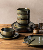 TheTerra Ceramic Dinnerware Sets for 8, 24 Pieces Handmade Reactive Glaze Plates and Bowls Set, Scratch Resistant Dish Set, Oven & Microwave & Dishwasher Safe, Olive Green
