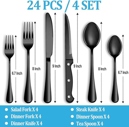 24 Pcs Black Silverware Set with Steak Knives, Stainless Steel Flatware Cutlery Set Service for 4, Kitchen Tableware Set, Utensil Set for Home and Restaurant, Knives Forks Spoon Set, Dishwasher Safe