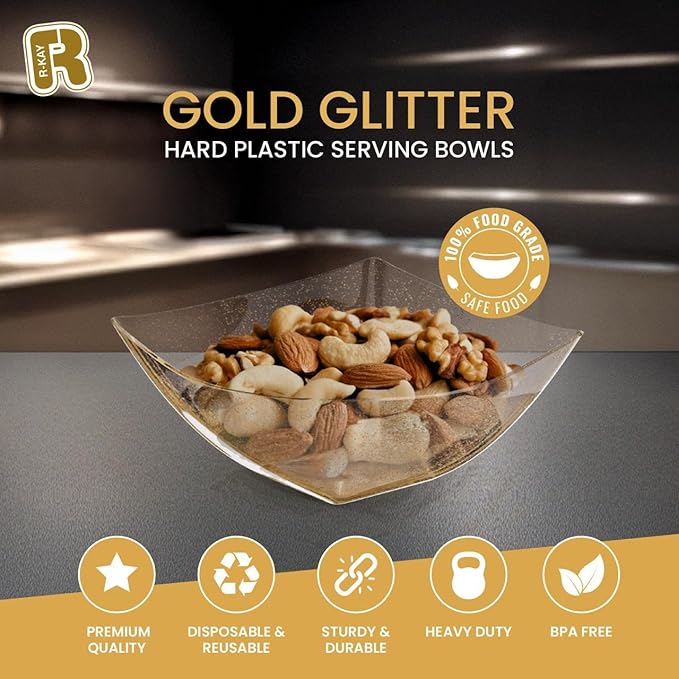 R-kay 6 Pack Gold Small Plastic Serving Bowls 8 oz - Gold Glitter Small Plastic Bowls for Parties, Premium For Weddings Catering And Birthday parties