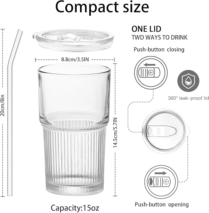 Luiaiog 18.5oz Glass Cups with Lids and Straws - Set of 4 Reusable Tumblers, Thickened Shatter-Resistant Glass, Ideal for Iced Coffee, Smoothies, Cocktails, Juices - Elegant & Durable Drinkware