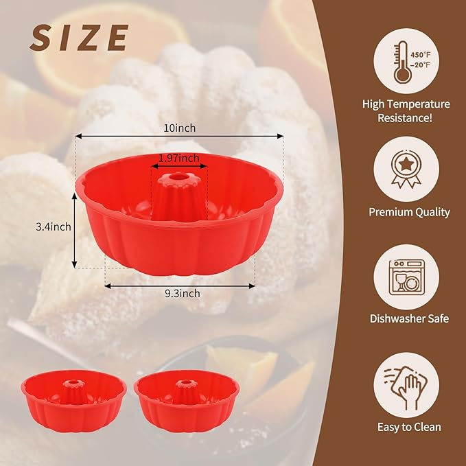 2 Pack Silicone Cake Pan Nonstick,10 Inch, Silicone Cake Molds,Pound Cake Pan, Baking for Jello,Gelatin,Cake,Brownie and Bread (Red+Red)