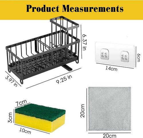 5 in 1 Kitchen Sink Caddy Organizer, Rustproof Stainless Steel Sink Caddy with Washing Cloth & Adhesive Hooks, Kitchen Sink Organizer with High Brush Holder, Sponge and Soap Holder for Kitchen Sink