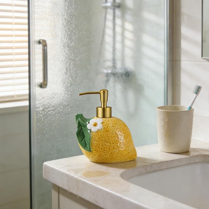 RQYIXI 17 OZ Lemon Ceramic Soap Dispenser with ABS Pump,Refillable Liquid Bathroom soap Dispenser for Lotion ,Body Wash ,Cute Kitchen Soap Dispenser for Dish Soap,Hand Soap