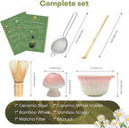 Matcha Whisk set, Matcha Set with Daisy Matcha Bowl & Mushroom Whisk Holder, Complete Matcha Kit with Whisk, Sifter, Chashaku, 5 Pcs Bamboo Tea Mat, Ideal Gift for Matcha Lovers, Pink