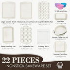 Baking Pans Set Nonstick, Stackable Bakeware Sets with Silicone Handles, AIVIKI 22 Pieces Oven Pan for Cooking Including Baking Cookie Sheet with Rack, Roast Pan, Cake Pan, Loaf Pan, Muffin Pan, Cream