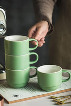 YHOSSEUN 11 Oz Coffee Mugs with Rack and Metal Spoon - Christmas Coffee Cups with Stand for Espresso, Latte, Cappuccino - Ceramic Tea Cup Demitasse Cups Set of 4 for Coffee Time, Green