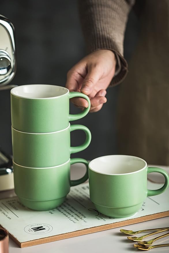 YHOSSEUN 11 Oz Coffee Mugs with Rack and Metal Spoon - Christmas Coffee Cups with Stand for Espresso, Latte, Cappuccino - Ceramic Tea Cup Demitasse Cups Set of 4 for Coffee Time, Green