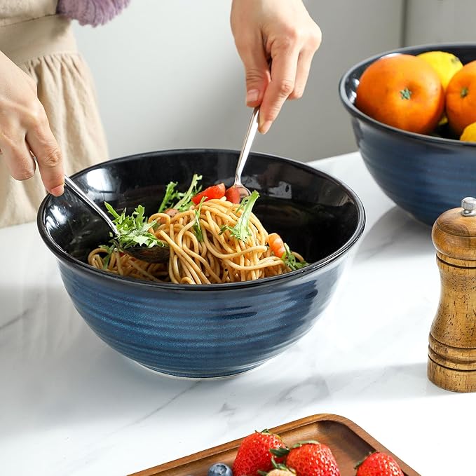 MEKY Serving Bowls, 84 Ounce Mixing Bowl Set of 2, 9 Inch Large Ceramic Salad Bowls for Kitchen, Perfect for Cooking Baking Soup Pasta Fruit and Popcorn, Microwave and Dishwasher Safe, Blue