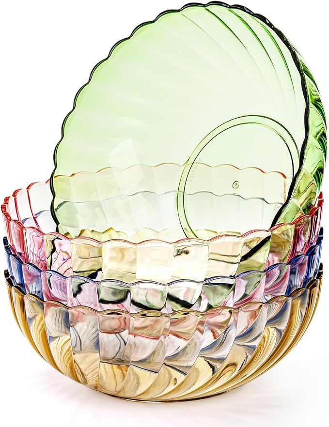 Fasmov 4 Pack Plastic Serving Bowls, Plastic Salad Mixing Bowls, 74oz Break Resistant Plastic Bowls for Salad, Fruit, Popcorn, Chip and Dip, Multicolor