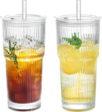 Puraville 2 Pack 20oz Glass Cups with Lids and Straws, Vintage Ribbed Glassware for Whiskey Cocktail Beer, Mason Jar Drinking Glasses Tumbler Iced Coffee Cup
