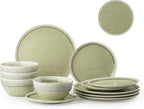 Dafuceramic Plates and Bowls Sets, 12 Pieces Grass Green Dinnerware Sets for Kitchen, Reactive Glaze Dishes Set for 4, Dishwasher and Microwave Safe, Series Starflecked Shore (Grass Green)