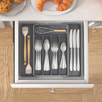 Lifewit Silverware Drawer Organizer, Expandable Utensil Tray for Kitchen, BPA Free Flatware and Cutlery Holder, Adjustable Plastic Storage for Spoons Forks Knives, 8.5-14 x 12", Dark Gray