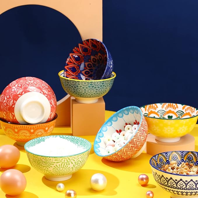 8 Pcs Colorful Ceramic Bowl Set 10 oz 4.75'' Porcelain Kitchen Soup Cereal Serving Bowls for Ramen Rice Dessert Snack Salad Ice Cream Pasta Oatmeal Microwave and Dishwasher Safe(Vintage)