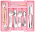 Lifewit Silverware Drawer Organizer, Expandable Utensil Tray for Kitchen, BPA Free Flatware and Cutlery Holder, Adjustable Plastic Storage for Spoons Forks Knives, 8.5"-14.1" x 12.1", Pink