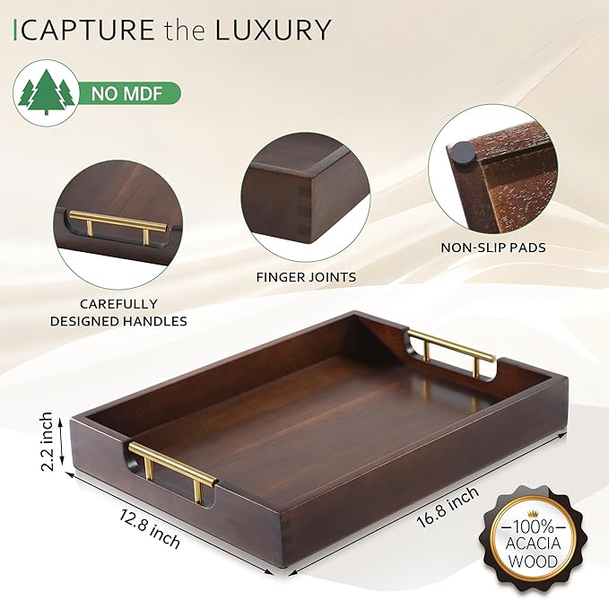 Joy&Grace Ottoman Tray for Living Room, Large Acacia Wooden Serving Tray with Handles for Coffee Table, Breakfast in Bed, Food Dinner, Decorative Tray (Sleek Brown, 16.7" x 12.8" x 2")