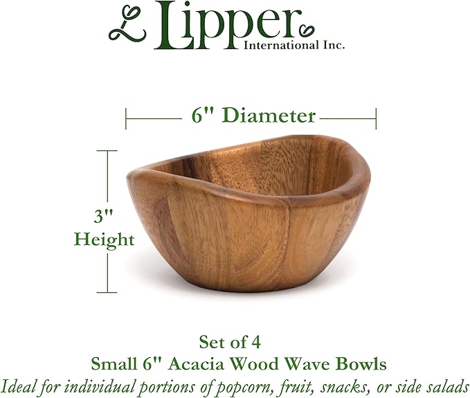 Lipper International Acacia Wave Serving Bowl for Fruits or Salads, Small, 6" Diameter x 3" Height, Set of 4 Bowls