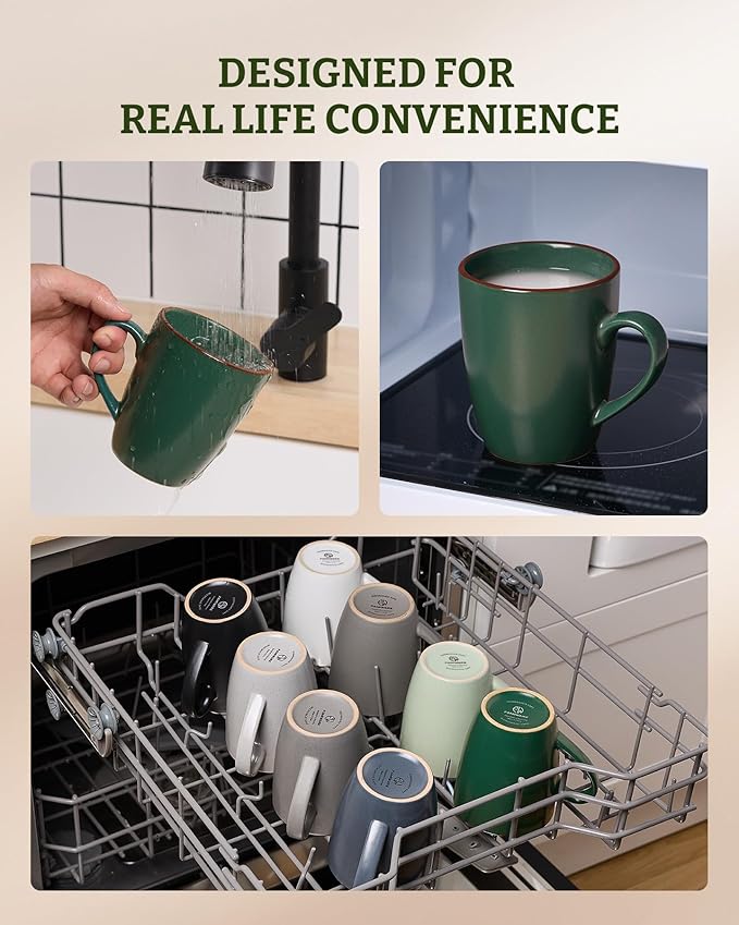 famiware Venus Coffee Mugs for 4, 12 oz Mug Set, Dringking Cup with Handle for Coffee, Tea, Cocoa, Milk, Dark Green