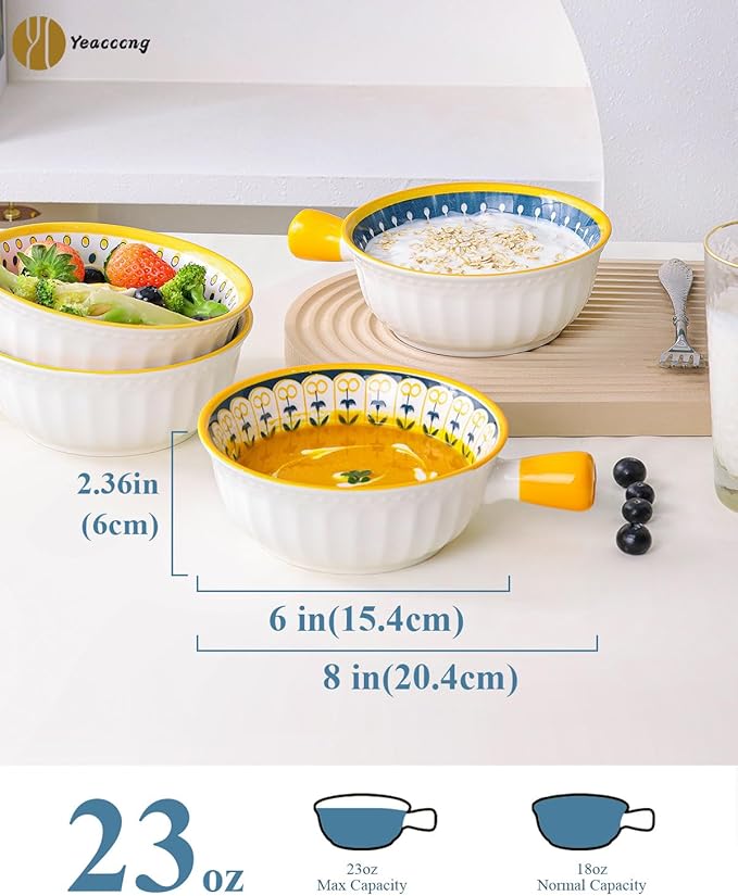 Yeacccng Bohemian French Onion Soup Bowls Set of 4-23 Oz Ceramic Soup Bowls with Handle, 6 Inch Soup Bowl for Kitchen, Oven/Microwave Safe, Lead-Free,Scratch-Resistant