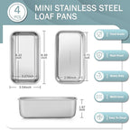 TeamFar Mini Loaf Pan, 4 PCS Stainless Steel Loaf Pans for Baking Bread, 6.3 x 3.5 Inch Bread Baking Pan for Homemade Bread, Meatloaf, Cake and Brownies, Non-Toxic, Oven & Dishwasher Safe