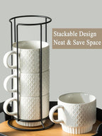 Gomakren Stackable Coffee Mugs Set with Stand, Coffe Cup with Tea Spoon 13 Ounce White Cups for Cappuccino Coffee Drinks Tea, Set of 4, Gift for Man Women 380ml