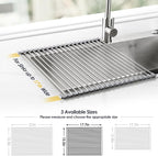 Tomorotec 17.7" x 15.5" Roll Up Dish Drying Rack Over Sink Drying Rack Sink Cover Kitchen Sink Accessories Gadget Multipurpose Organizer Foldable Stainless Steel Drainer (Grey)